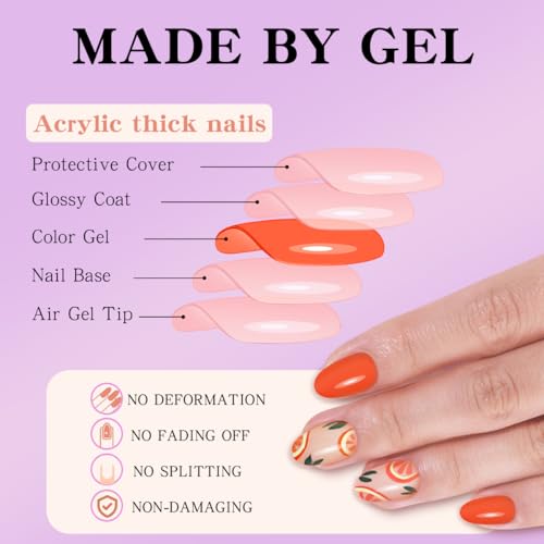Short Squoval Press On Nails with Orange Pomelo Design 24Pcs