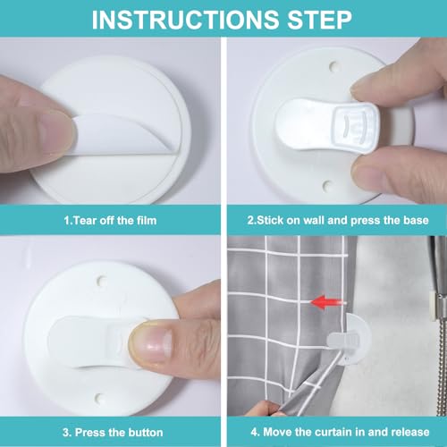 AxiyanX 4Pcs Shower Curtain Clips with Adhesive Wall Mounts - White