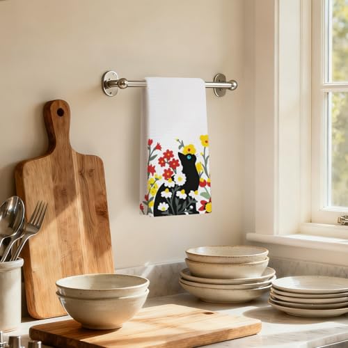 Floral Black Cat Dish Towels - 16x24 Inch Kitchen & Bathroom Decor