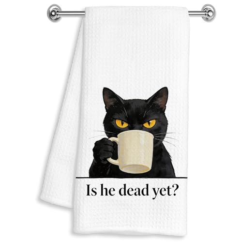 YXYBF Is He Dead Yet? Funny Black Cat Kitchen Hand Towel 16x24 Inches - Cat Lover Gift