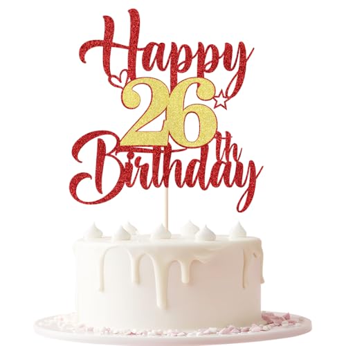 Happy 26th Birthday Cake Topper - Red Gold Glitter Decoration