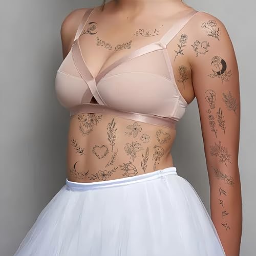 VibesHood Large Temporary Tattoos - Waterproof Flower, Heart & Moon Designs