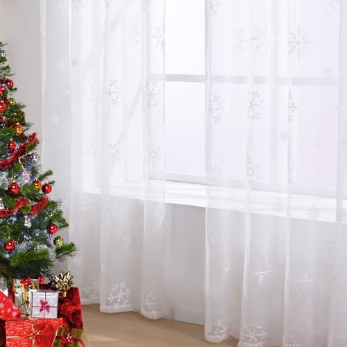Christmas Sheer Curtains with Embroidered Snowflakes - 52x84 Inches, White, Pack of 2, Rod Pocket