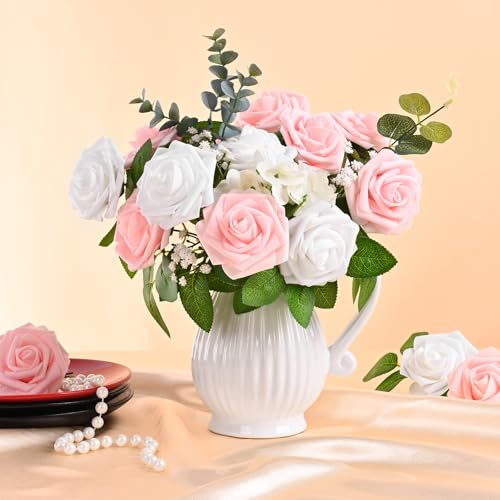 9 Pcs Pink Artificial Foam Roses with Stems for Wedding & Home Decor