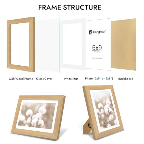 Hongkee 6x9 Picture Frame, Natural Oak Wood with Tempered Glass Front