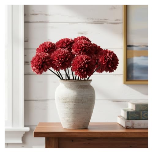 Burgundy Artificial Mums - 12Pcs Silk Flowers with Bendable Stems