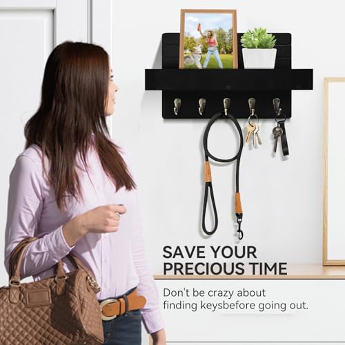 Black Wooden Key Holder Wall Mount with Shelf & 5 Hooks - KISENG