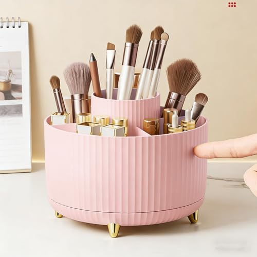360 Rotating Makeup Brush Holder - 5 Slot Desktop Organizer (Pink, Small)