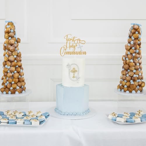 Gold Glitter First Holy Communion Cake Topper - Rosary Cross Design