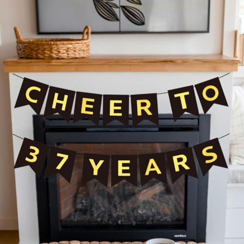 Black and Gold Cheers to 37 Years Banner - Pre-Strung 37th Birthday Party Decoration