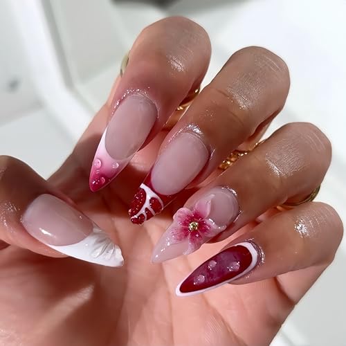 Tephrent 3D Flower Press on Nails Almond Red French Tip False Nails