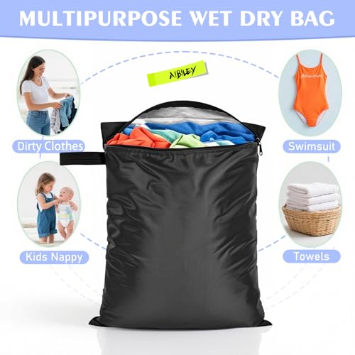 3 Pack Clothes Baby Diaper Wet Dry Bags Waterproof Reusable,12"x16",Durable Polyester Fabric with Waterproof Tape,Swim Wet Swimsuit & Towel Sack for Gym Beach Travel,with Handle and Zipper,Black
