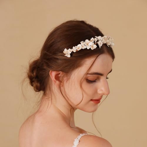 SELFCLOUD Handmade Resin Clay Flower Bridal Headband Gold Wedding Headpiece