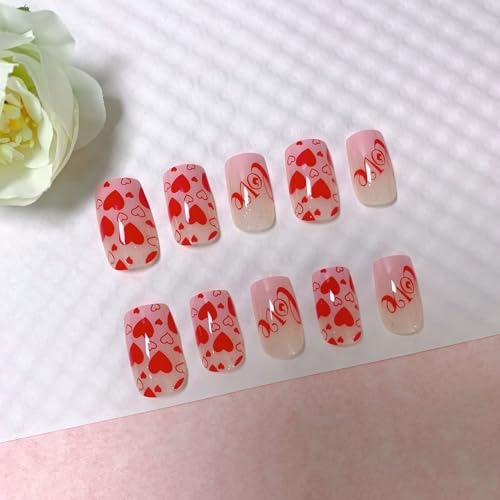 Valentine Press on Nails Medium Square Red Heart Acrylic Nails 24 Pcs