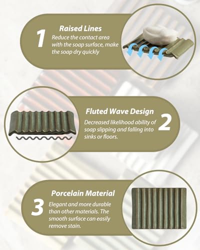 Zoeeker Ceramic Soap Dish - Wave Design, Self-Draining Holder in Green