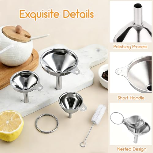 Short Handle Stainless Steel Funnels Set - 3 Pcs Mini Kitchen Funnel for Filling Bottles