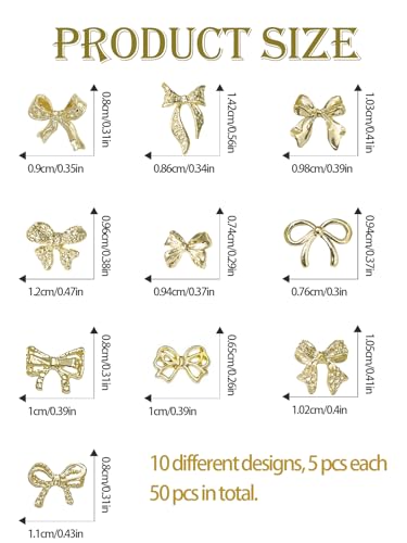 Wsimily 50pcs Gold Bow Nail Charms, 3D Luxury Alloy Bowknot Gems for DIY Manicure