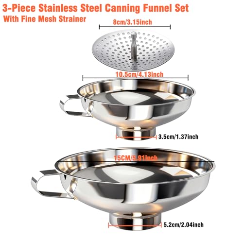 YUNFOOK 3-Piece Canning Funnel Set with Mesh Strainer - Stainless Steel for Wide & Regular Mouth Jars