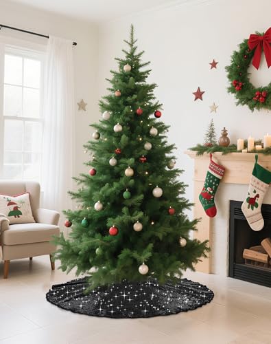 Black Sequin Christmas Tree Skirt 36 Inch Sparkle Glitter - SquarePie