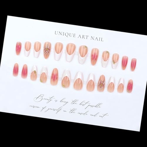 ZIFANHU Short Almond Press on Nails White French Tip with 3D Flower & Pearl