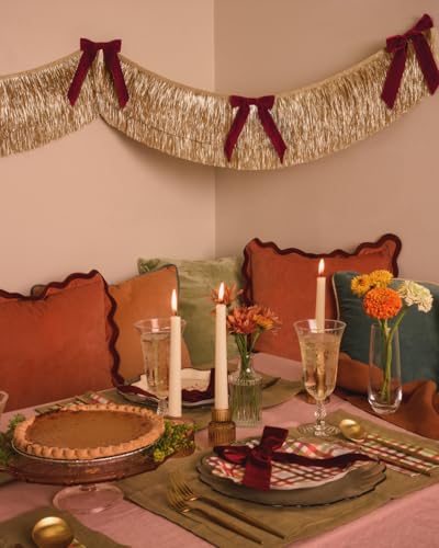 Gold Fringe Banner with Burgundy Velvet Bows - 6 Ft Party Decor