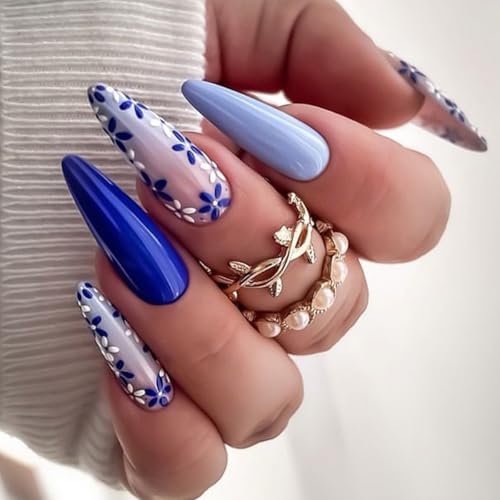 Blue Gradient Stiletto Press on Nails with Floral Designs, 24 Pcs