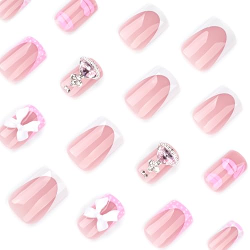 Pink French Tip Press on Nails Short Square Fake Nails with 3D Bow Rhinestones