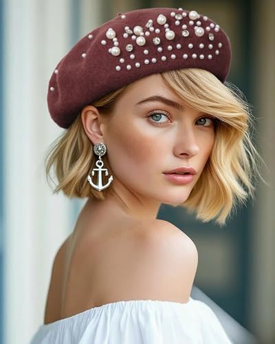 AWAYTR French Wool Beret Hat with Pearls & Rhinestones for Women