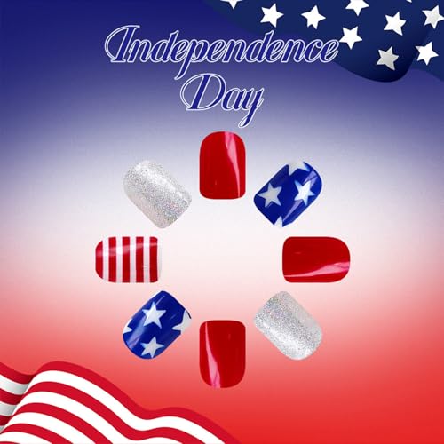 4th of July Press on Nails Short Square Silver Glitter Fake Nails