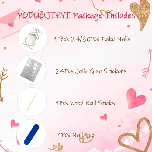 Short Almond Press on Nails French Tip with Pink Heart Valentines Fake Nails Kit