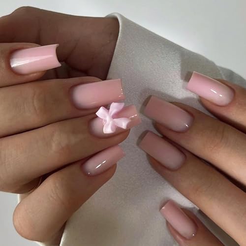 Nude Pink Bow Press on Nails Medium French False Nails 24Pcs