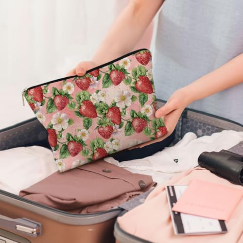 BARPERY Floral Strawberry Makeup Bag - Cute Linen Travel Cosmetic Pouch