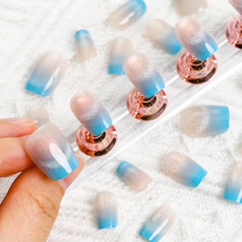 Blue Gradient Cat Eye Coffin Press on Nails - 30 Pcs Soft Gel Kit