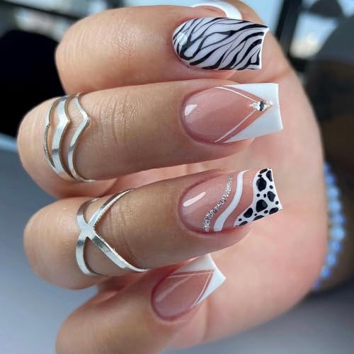 ANDGING White French Tip Press on Nails with Black Leopard Lines