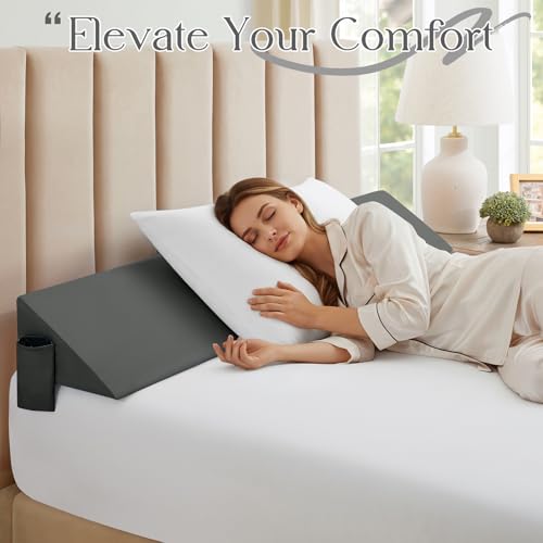Dark Grey King Size Wedge Pillow Cover with Side Pocket - 76x10x6 Inch
