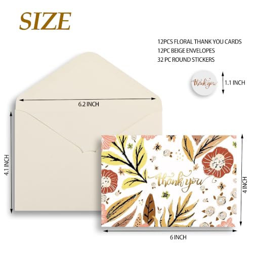 Floral Thank You Card Set - 12 Seasonal Cards with Envelopes & Stickers
