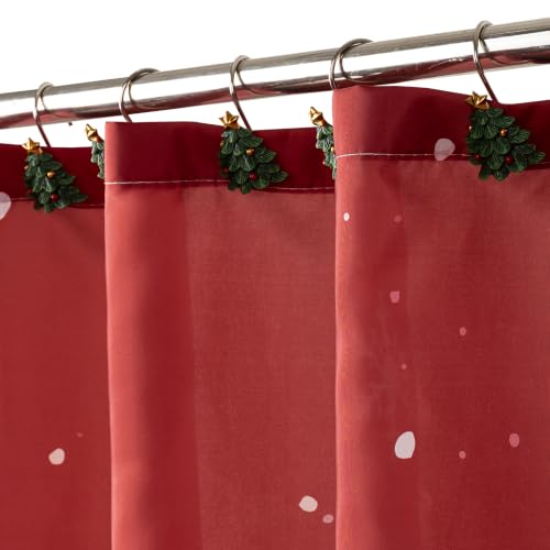 Red Christmas Shower Curtain with Pine Trees and Snowflakes - 72x72 Inches
