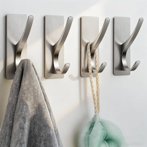 Self-Adhesive Towel Hooks - Extra Strong 10LB, Brushed Nickel, 4 Pack