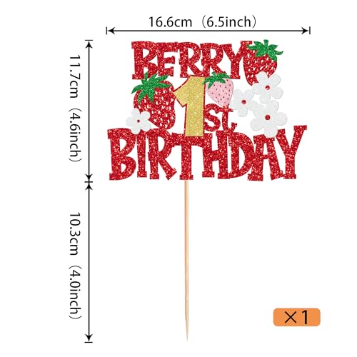 Berry 1st Birthday Cake Topper Red Glitter Strawberry Party Decor