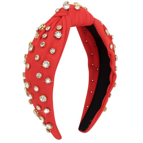 Red Rhinestone Knotted Headband Sparkly Crystal Hair Band for Women