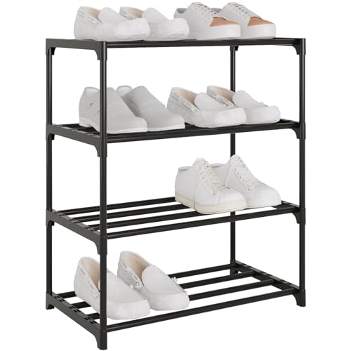 4-Tier Black Small Metal Shoe Rack - Stackable Organizer for Entryway