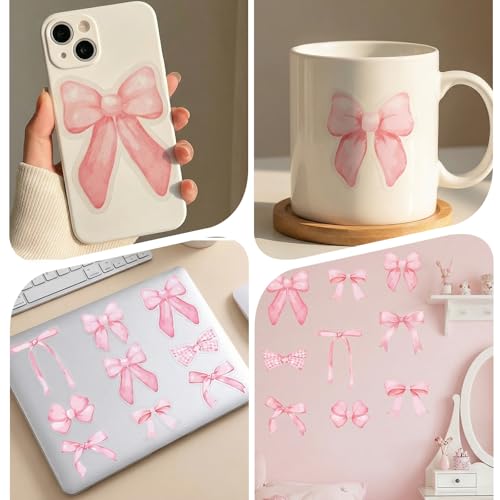 56 Pcs Pink Bow Wall Stickers - Watercolor Aesthetic Decor