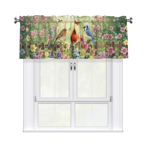 Birds and Flower Spring Kitchen Valance, 54x18 Inch Floral Window Curtain