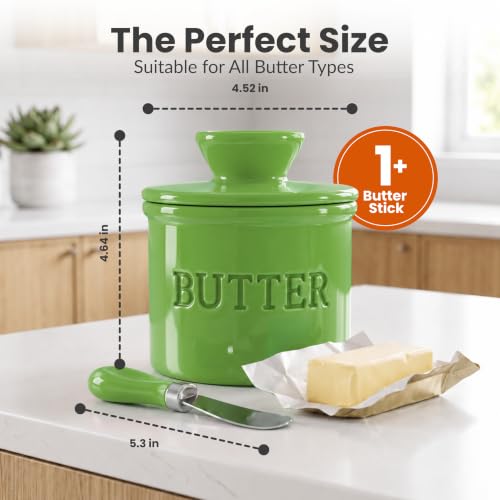 Green Butter Crock with Lid and Spreader Knife - Ceramic French Butter Dish