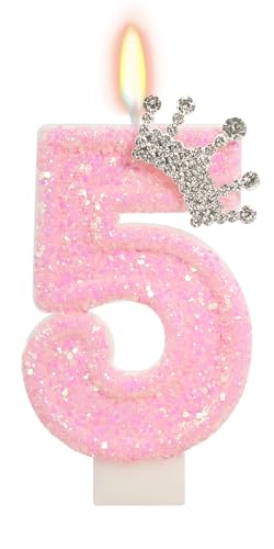 Pink Number 5 Crown Candle - Princess Birthday Decor