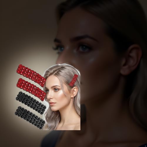 Black and Red Rhinestone Snap Hair Clips 4-Piece Crystal Barrettes