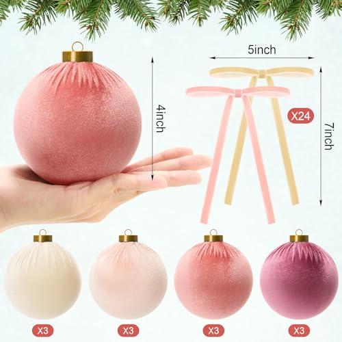 Pink Velvet Christmas Ornaments Set - 36 Pieces, 4 Inch Decorations with Bows