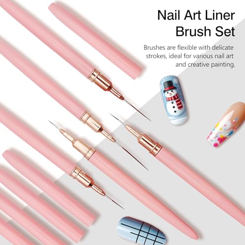 Kootinn 5 Pcs Pink Nail Art Liner Brushes Set - Fine Detail Painting Tools