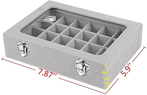 Velvet Jewelry Organizer Tray with Glass Lid 24 Compartments for Rings Earrings