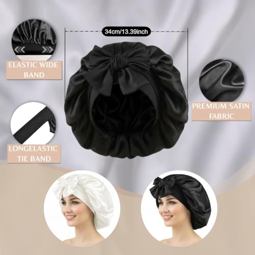 Cocosilk Black Satin Sleep Bonnet with Adjustable Tie Band for Curly Hair